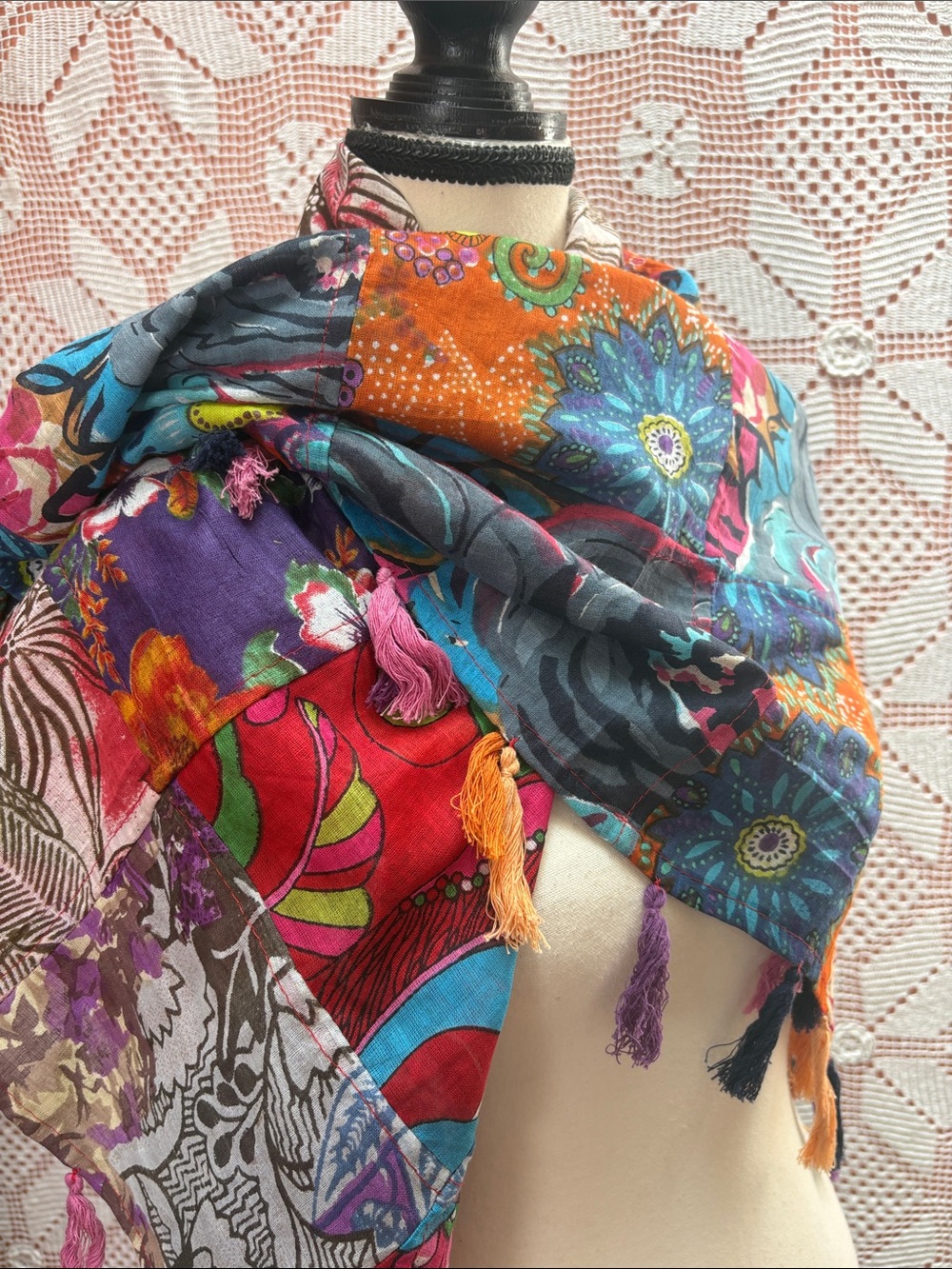 Multicolor Floral Patchwork Fringe Wrap Scarf - Picture 8 of 12
